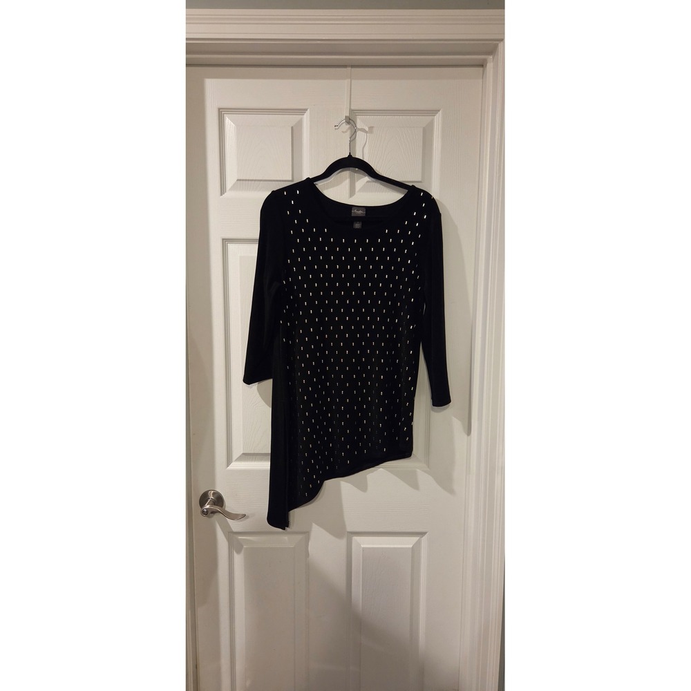 Travelers by Chicos Black Studded Asymmetrical Tunic Top Size 1 Medium 3/4 Slv